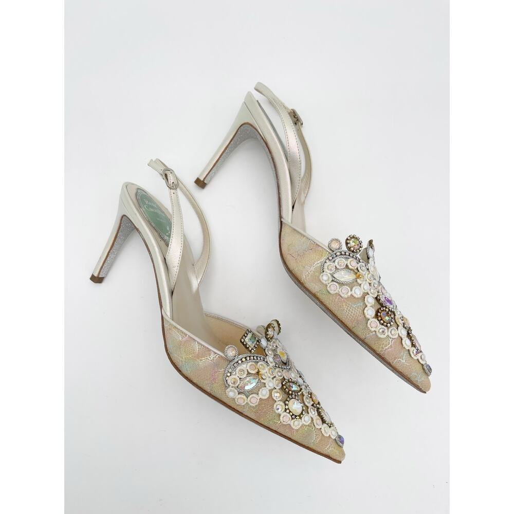René Caovilla Veneziana Iridescent Shimmer Lace Crystal Slingback Heels IT 38 - Picture 4 of 16